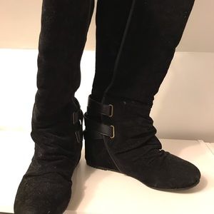 Black Suede Wedge Knee High Boots